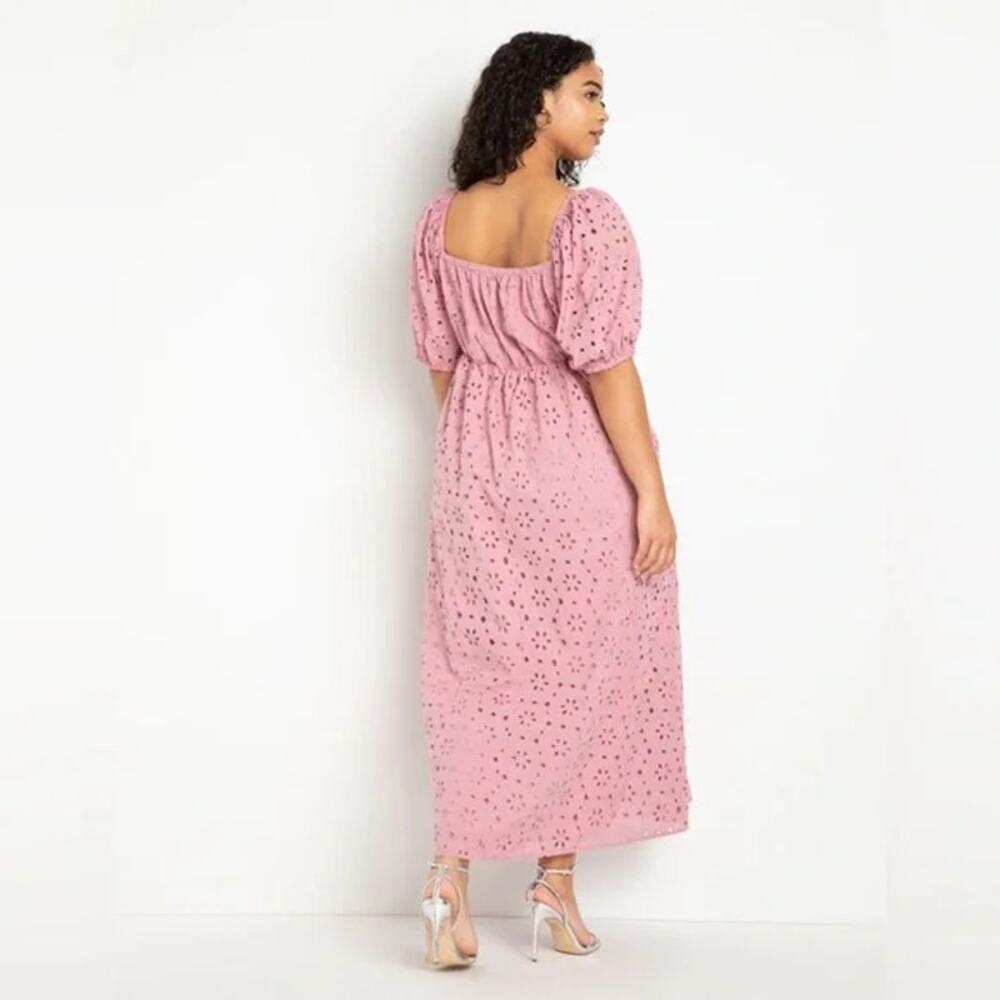 NWT Eloquii Eyelet Detail Tie Front Puff Sleeve Maxi Dress Pink Mauve SZ 28 NEW - Picture 3 of 16